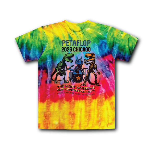 Colorful PetaFLOP 2026 Chicago tie-dye T-shirt with a dinosaur band print