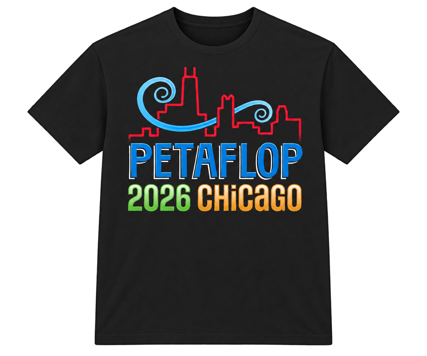 Black PetaFLOP T-shirt with the 2026 Chicago skyline print